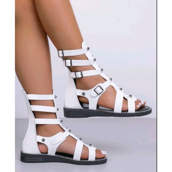 NWT White Gladiator Sandals Ankle Size 5.5 36 Buckle Detail Studded Decor - Picture 5 of 5